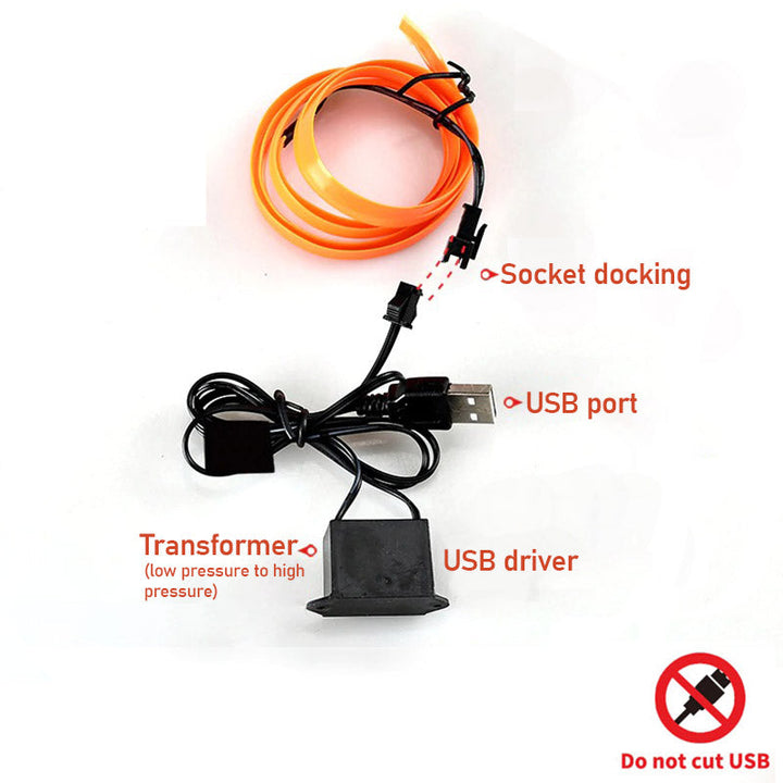 Close-up flexibele neon LED strip voor auto, toont heldere verlichting en USB aansluiting.