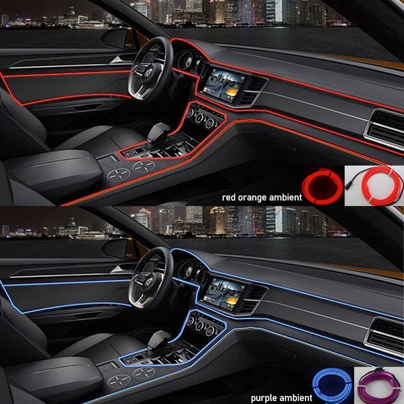 Neon LED sfeerverlichting onder dashboard auto, geeft een moderne, futuristische interieur look.