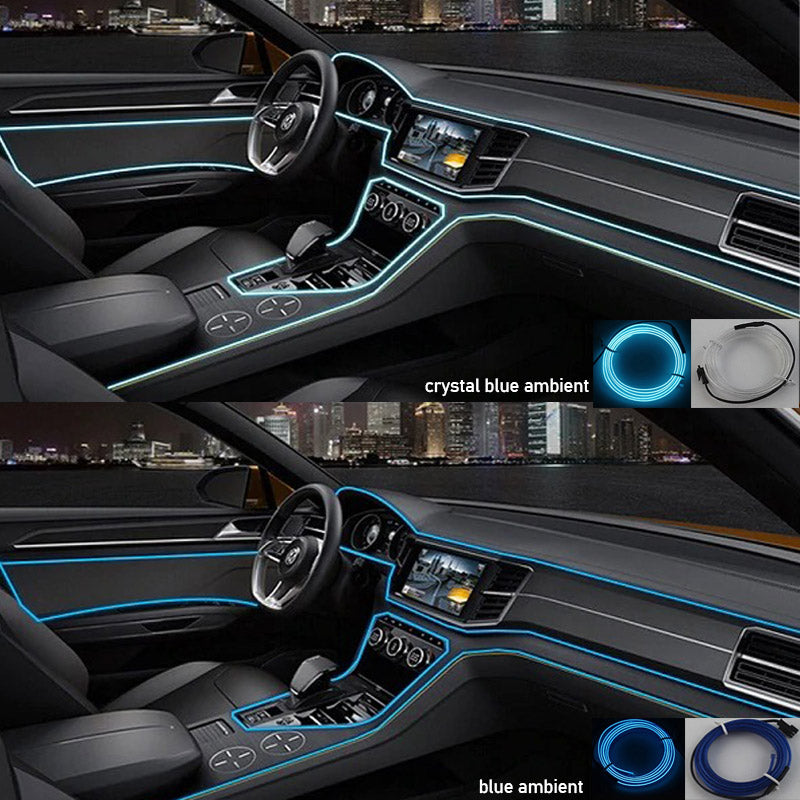 Auto neon LED verlichting kit met diverse aanpasbare kleuren, sfeervol futuristisch interieur.