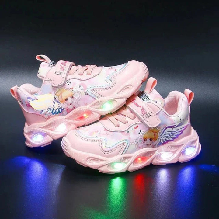 Paarse LED sportschoenen voor kinderen, lichtgevend en super comfortabel voor speelplezier.