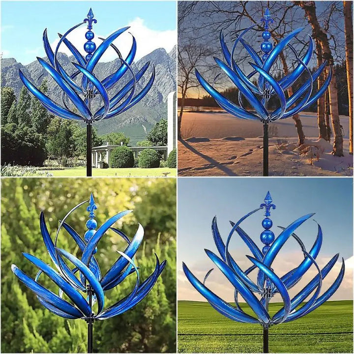 Blauw-rode kinetische windspinner van metaal, perfecte tuindecoratie voor rustgevende beweging in de tuin.