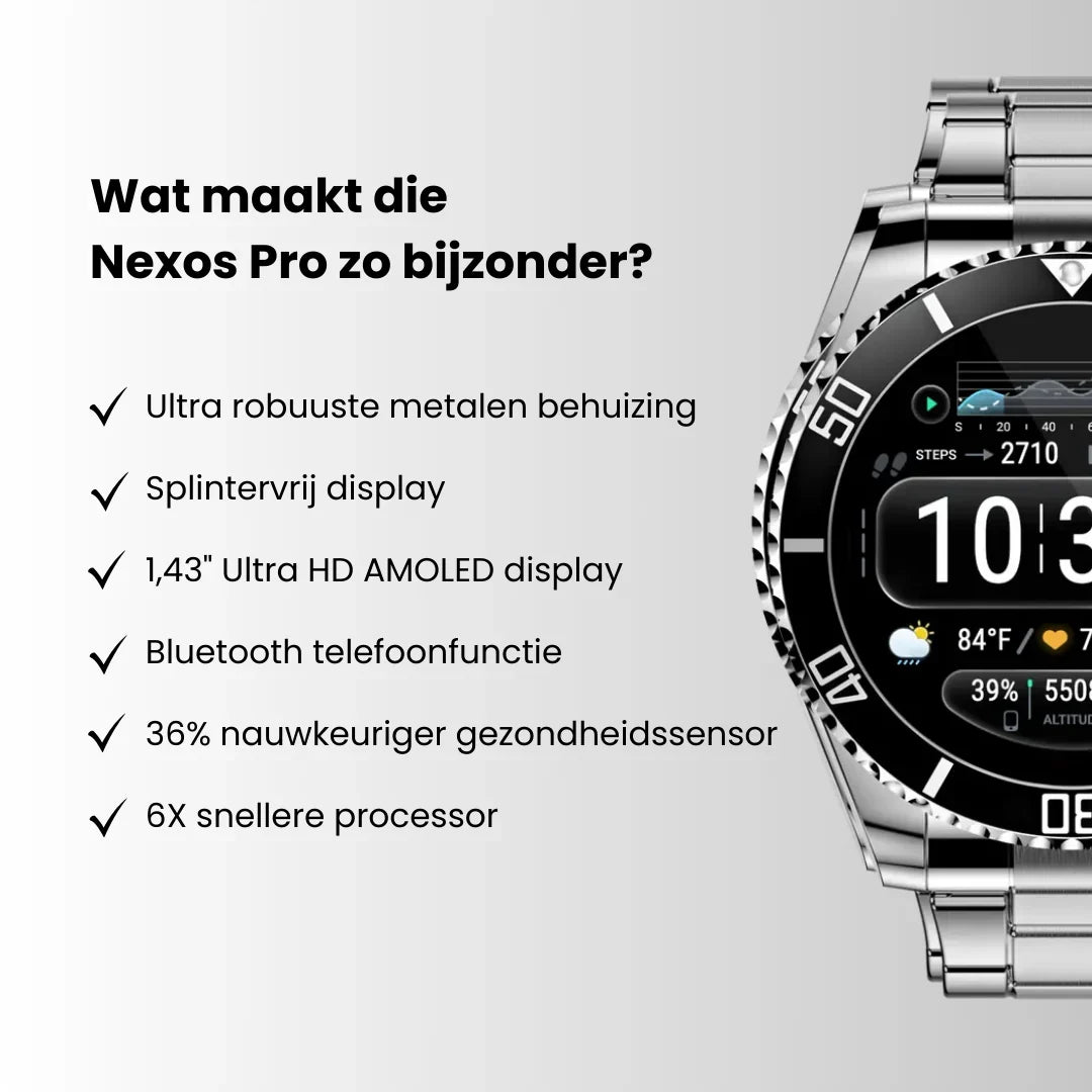 Heldere weergave van de militaire smartwatch, toont gezondheidsdata, tijd en smart-notificaties voor Android/iOS.