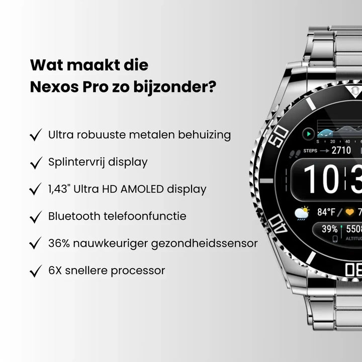 Heldere weergave van de militaire smartwatch, toont gezondheidsdata, tijd en smart-notificaties voor Android/iOS.