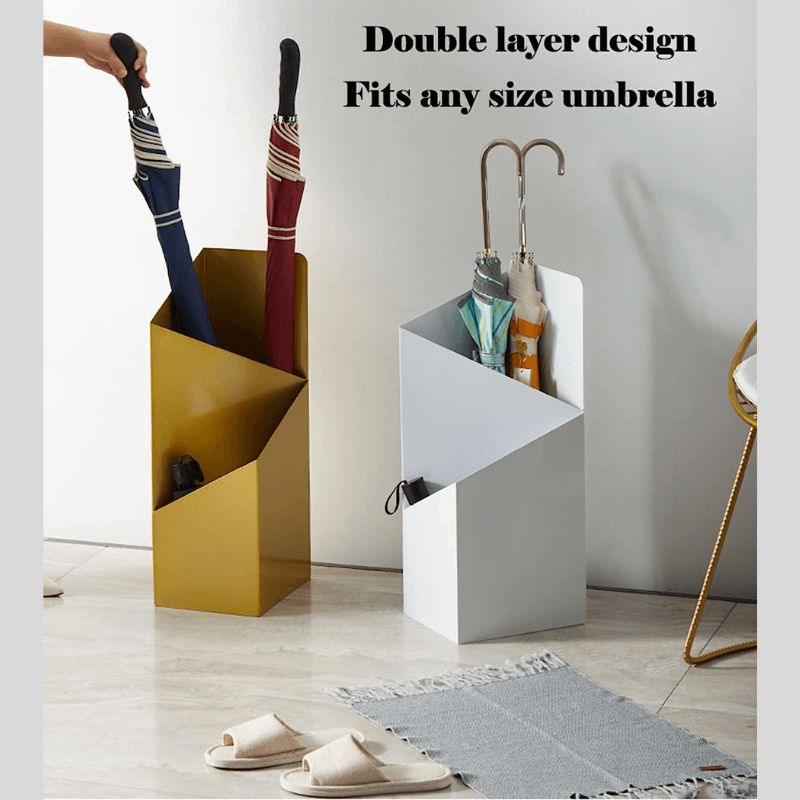 Minimalistische parapluhouder met lekbak, zwart metaal, perfecte halorganizer voor paraplu's.