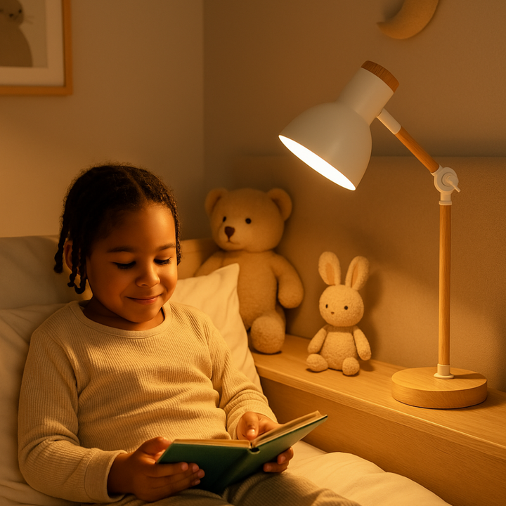 Scandinavische bureaulamp van hout en metaal, verstelbaar voor optimaal werklicht.