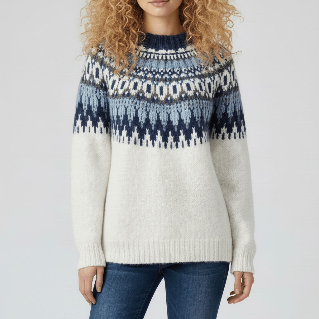 Tijdloze Scandinavische damestrui Audrey, comfortabel en warm, ideaal voor de winter.
