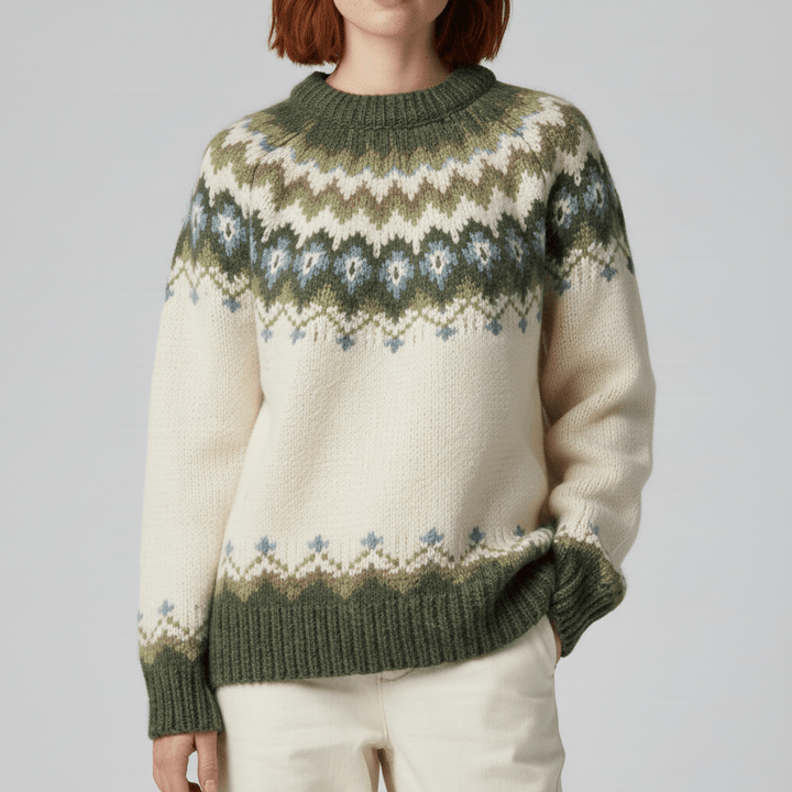 Warme dames Nordic trui Audrey, gebreid met aandacht voor comfort en stijl.
