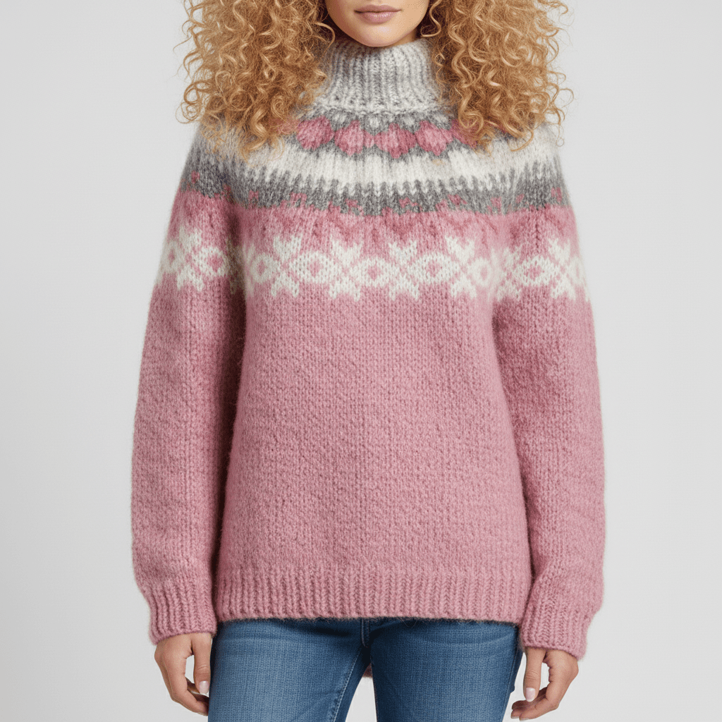 Dames Scandinavische wintertrui Audrey, comfortabel en warm met hoge kraag en relaxte pasvorm.