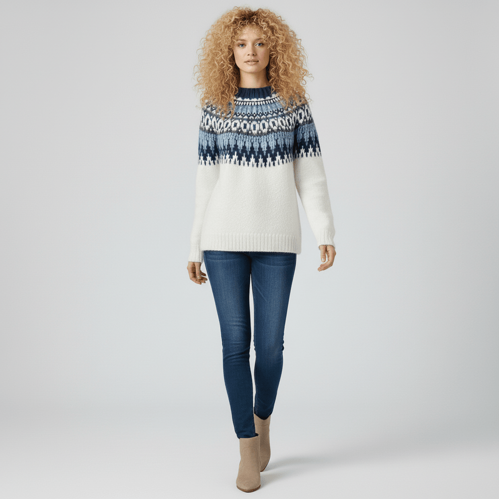 Stijlvolle dames wintertrui Audrey met Noors patroon, ideaal voor koude dagen en casual outfits.