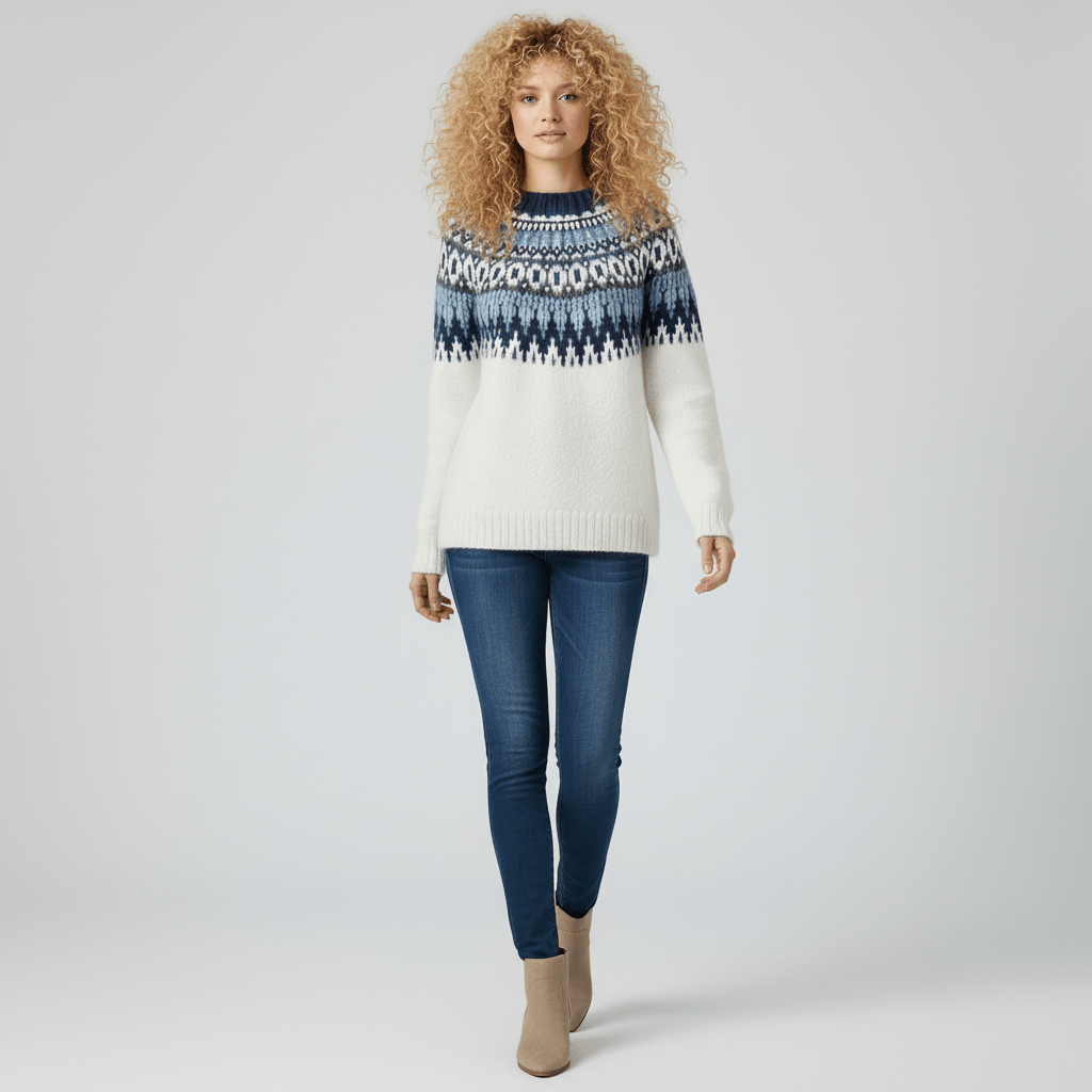 Stijlvolle dames wintertrui Audrey met Noors patroon, ideaal voor koude dagen en casual outfits.