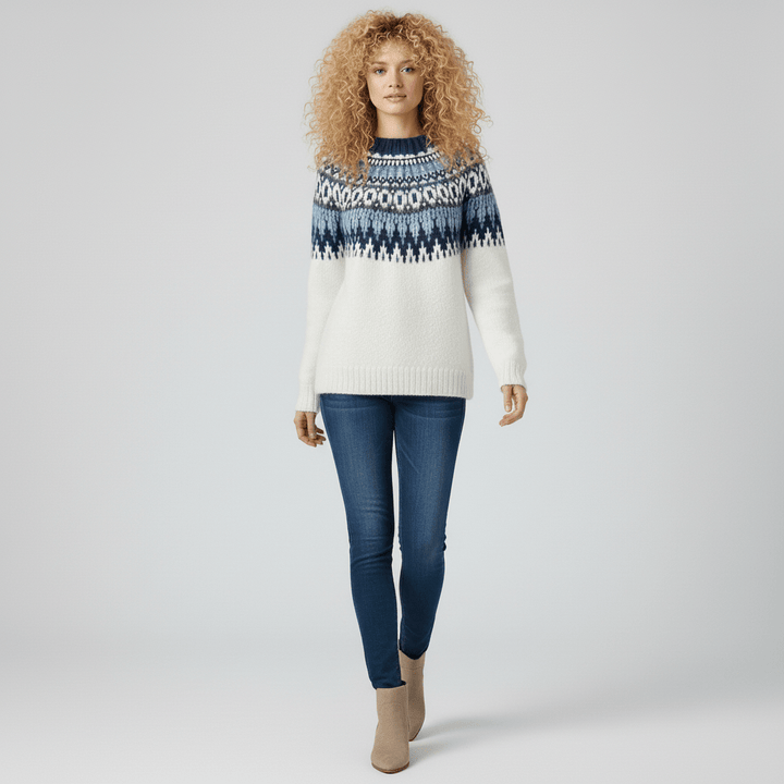 Stijlvolle dames wintertrui Audrey met Noors patroon, ideaal voor koude dagen en casual outfits.
