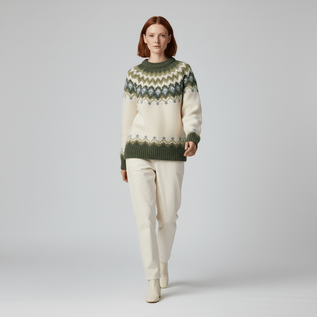 Comfortabele Audrey wintertrui voor dames, met elegante hoge kraag en Noorse details.