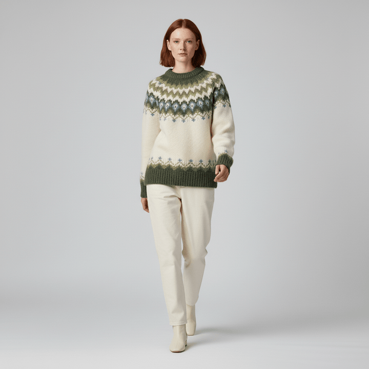 Comfortabele Audrey wintertrui voor dames, met elegante hoge kraag en Noorse details.