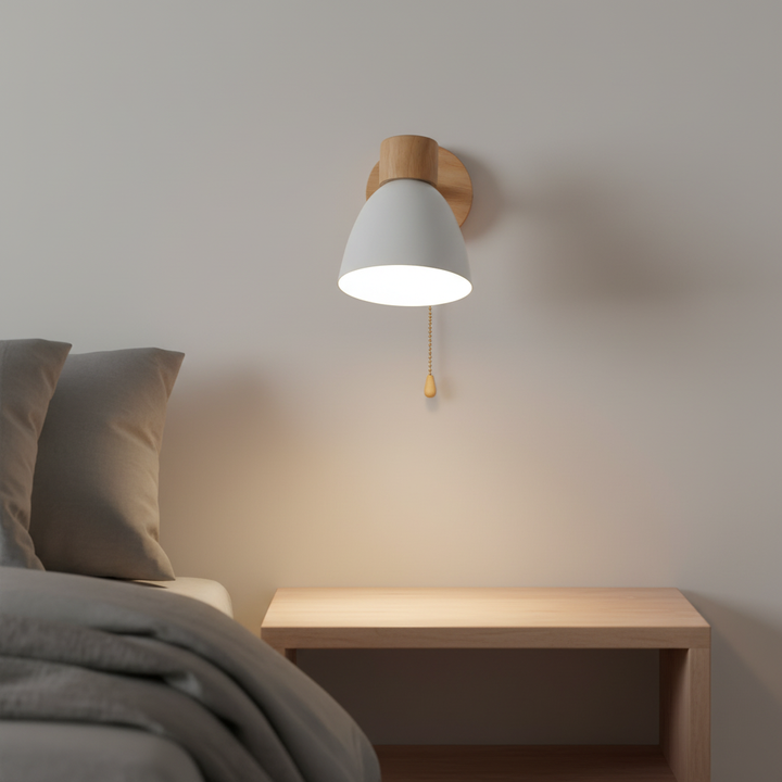 Scandinavische houten wandlamp, modern design, E27 fitting, perfecte slaapkamer verlichting.