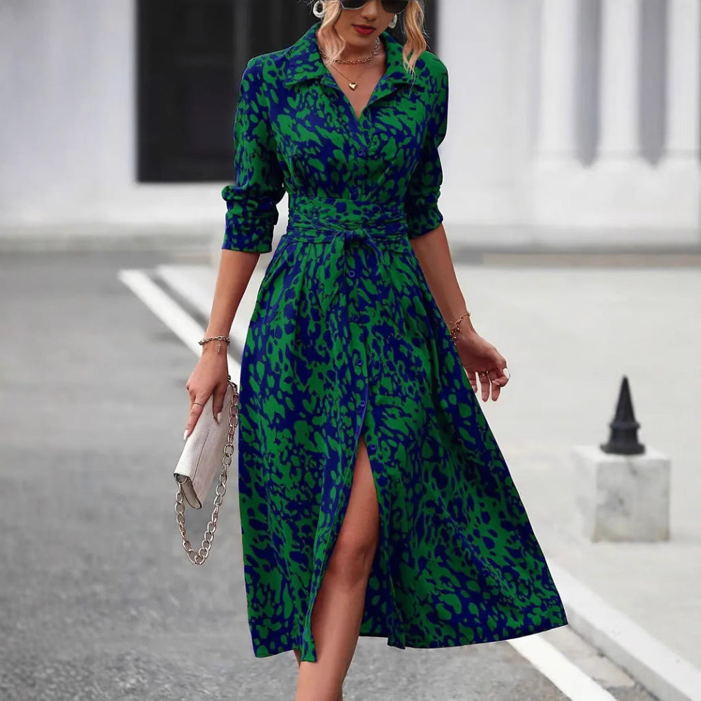 Casual-elegante dames midi-jurk met strikceintuur, perfect voor dagelijkse kleding en zomerse mode.