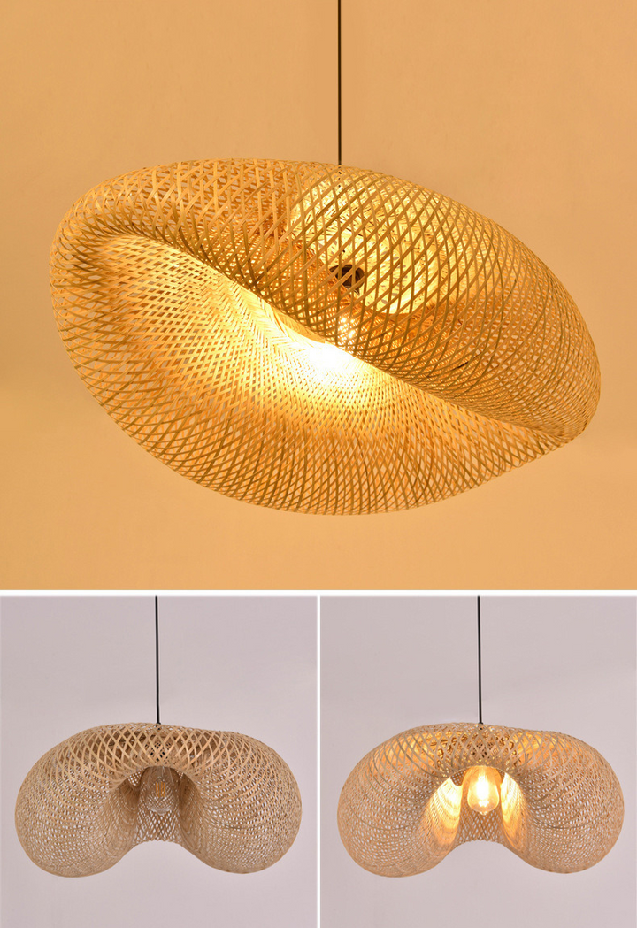 Detailopname handgemaakt vlechtwerk van de natuurlijke bamboe hanglamp.