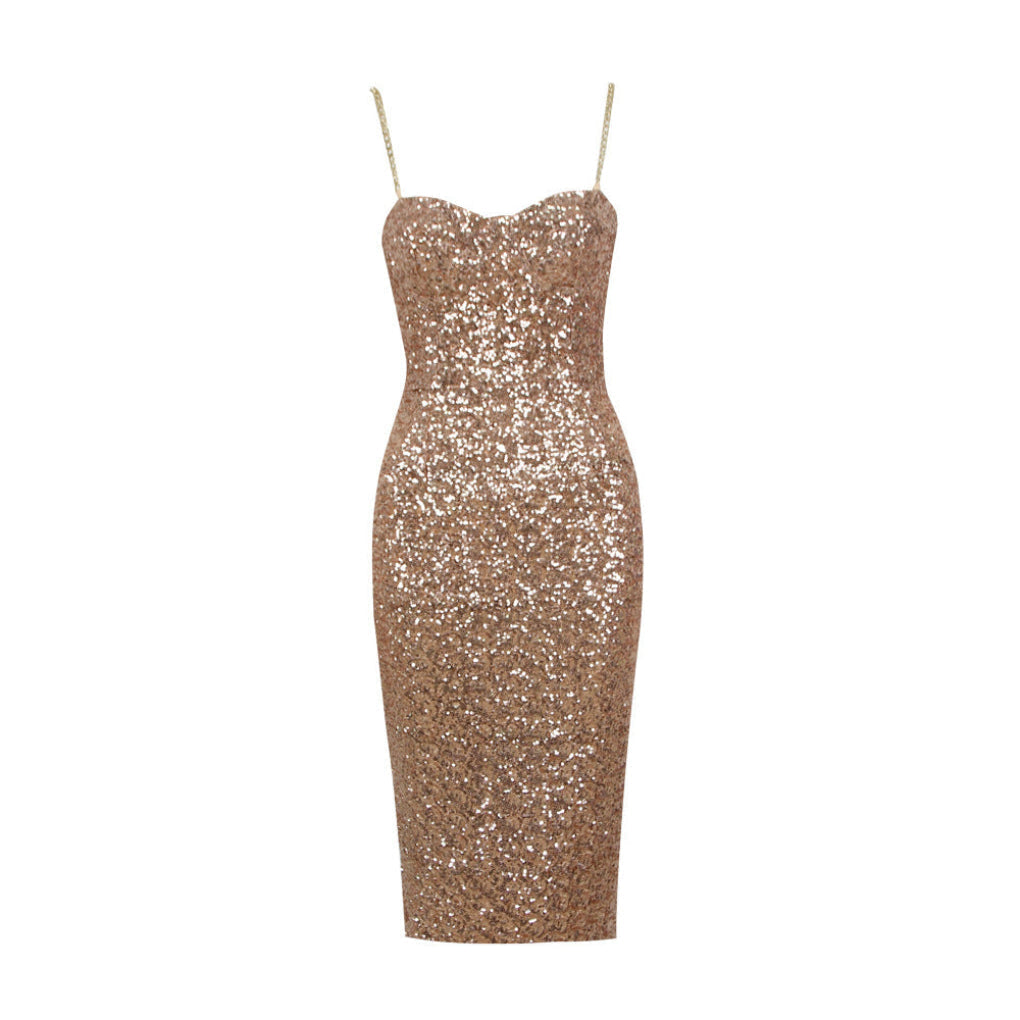 Chique glanzende midi-jurk voor dames, goudkleurig met ritssluiting, geschikt voor avonden en evenementen.