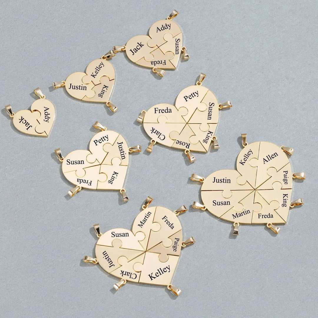 Familie puzzelketting in goudkleur, graveerbaar en vol betekenis.