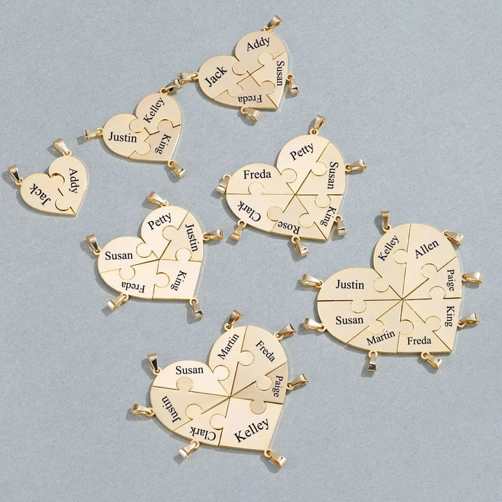 Familie puzzelketting in goudkleur, graveerbaar en vol betekenis.