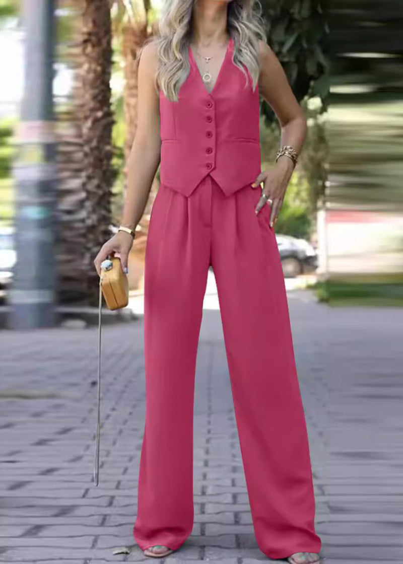 Zeer elegant mouwloos dames broekpak met V-hals blazer. Chique slim-fit tweedelig voor lente/zomer.