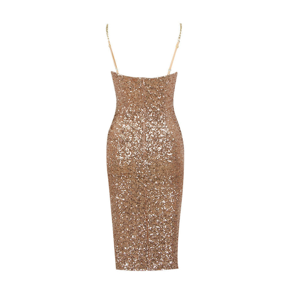 Prachtige gouden dames midi-jurk, glanzende stof en ritssluiting, perfect voor een elegante gelegenheid.