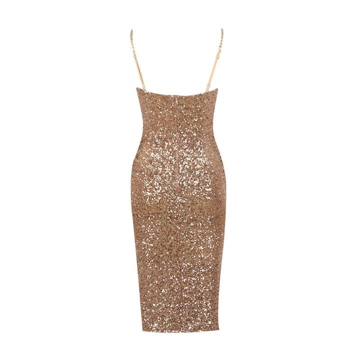Prachtige gouden dames midi-jurk, glanzende stof en ritssluiting, perfect voor een elegante gelegenheid.