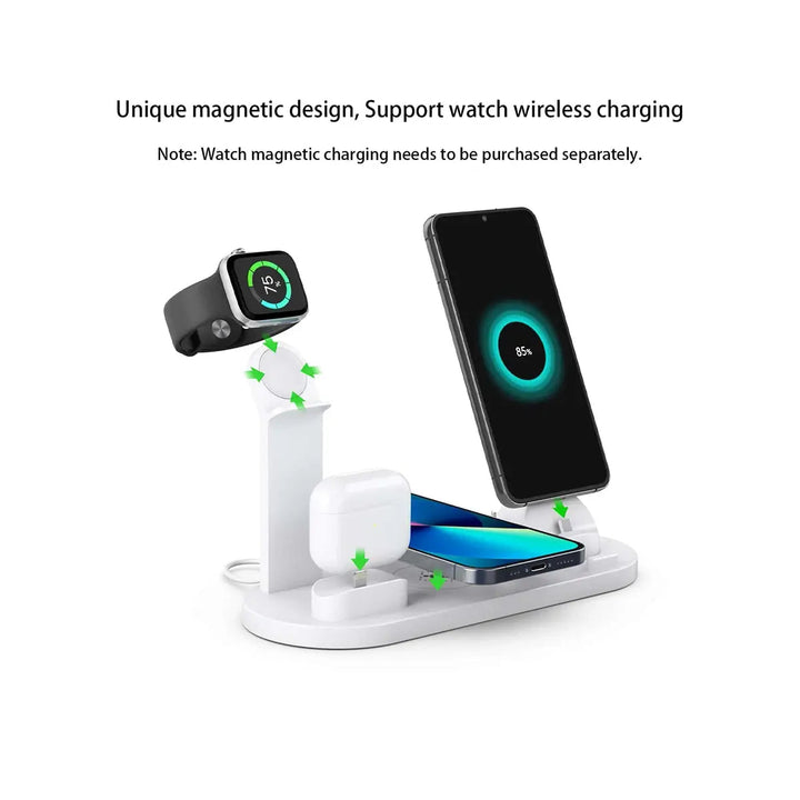 Modern draadloos oplaadstation voor alle Apple apparaten. Snelladen iPhone, Watch, AirPods. Essentiële technologie.