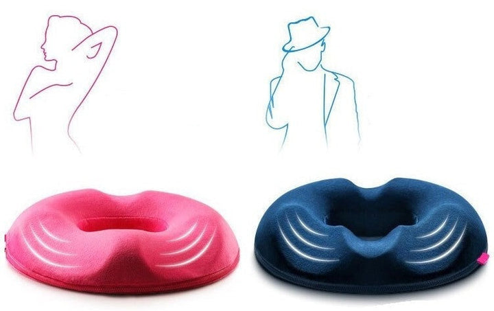 Roze comfortabel zitkussen met traagschuim, verbetert zitcomfort en vermindert pijn bij aambeien.