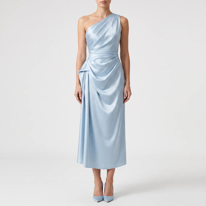 Chique one-shoulder feestjurk voor dames, perfecte midi lengte voor bruiloften en gala's, elegante look.