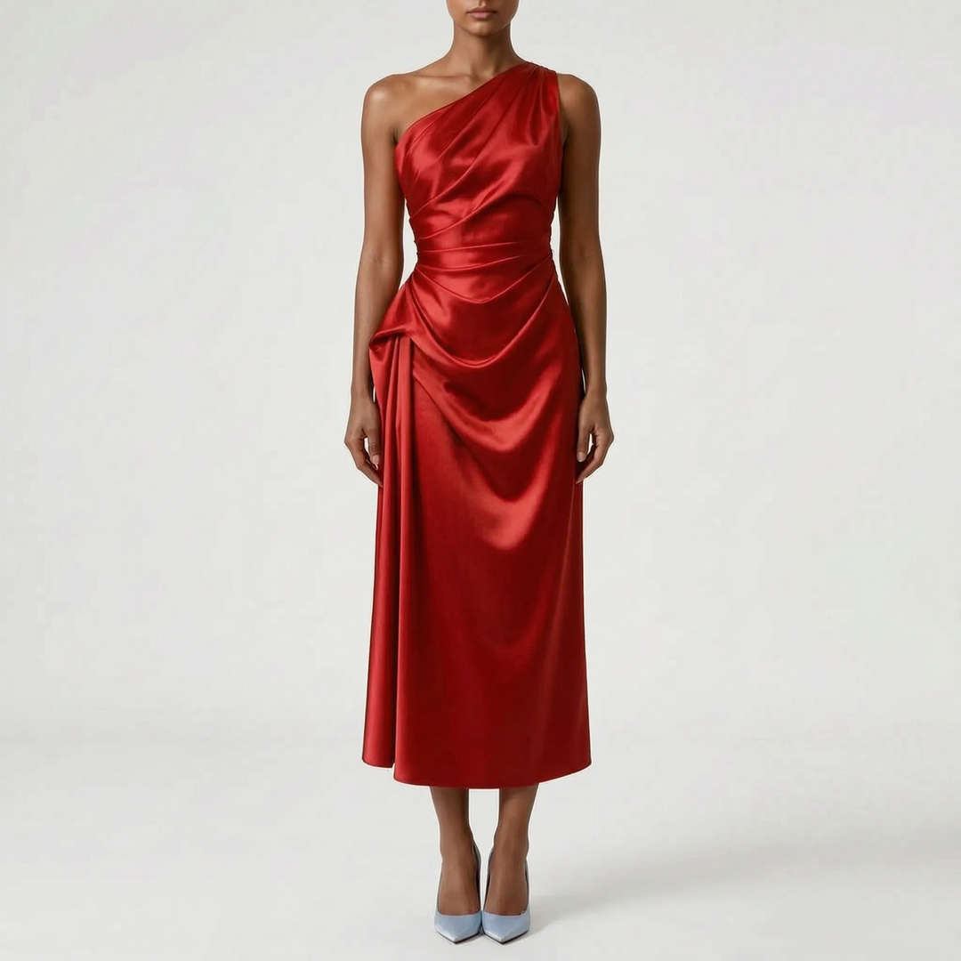 Nauwaansluitende elegante dames one-shoulder avondjurk, midi model, voor een sophisticated uitstraling.