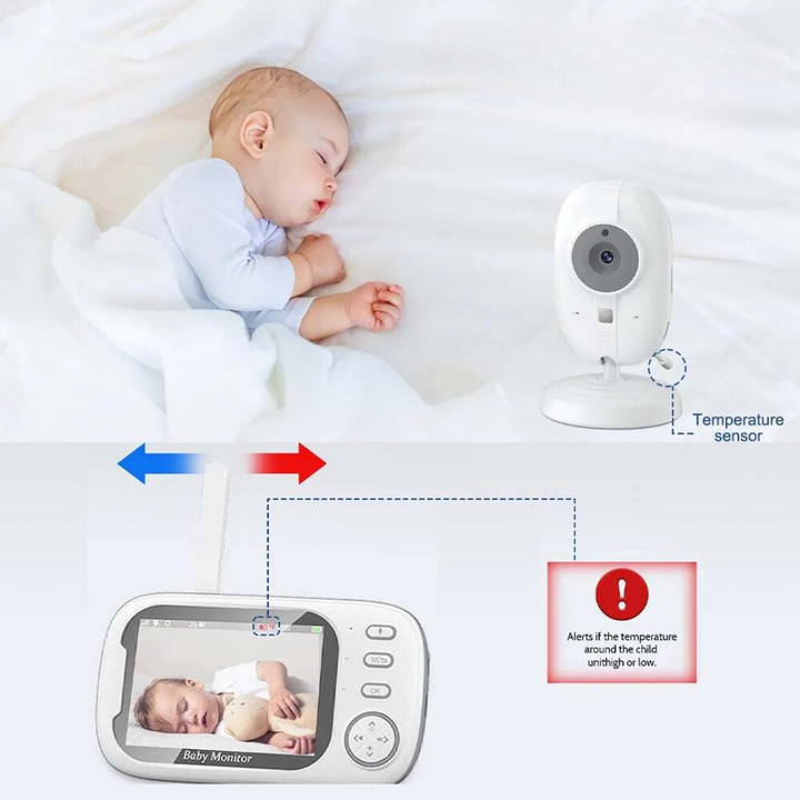 Ouder spreekt via de tweerichtingsaudio van de babyfoon tegen de baby, wat geruststelling biedt.