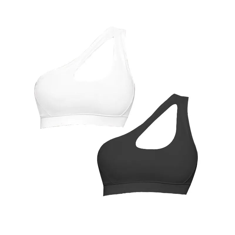 Stijlvolle dames push-up sportbh met one-shoulder design, schokbestendig voor yoga en fitness.
