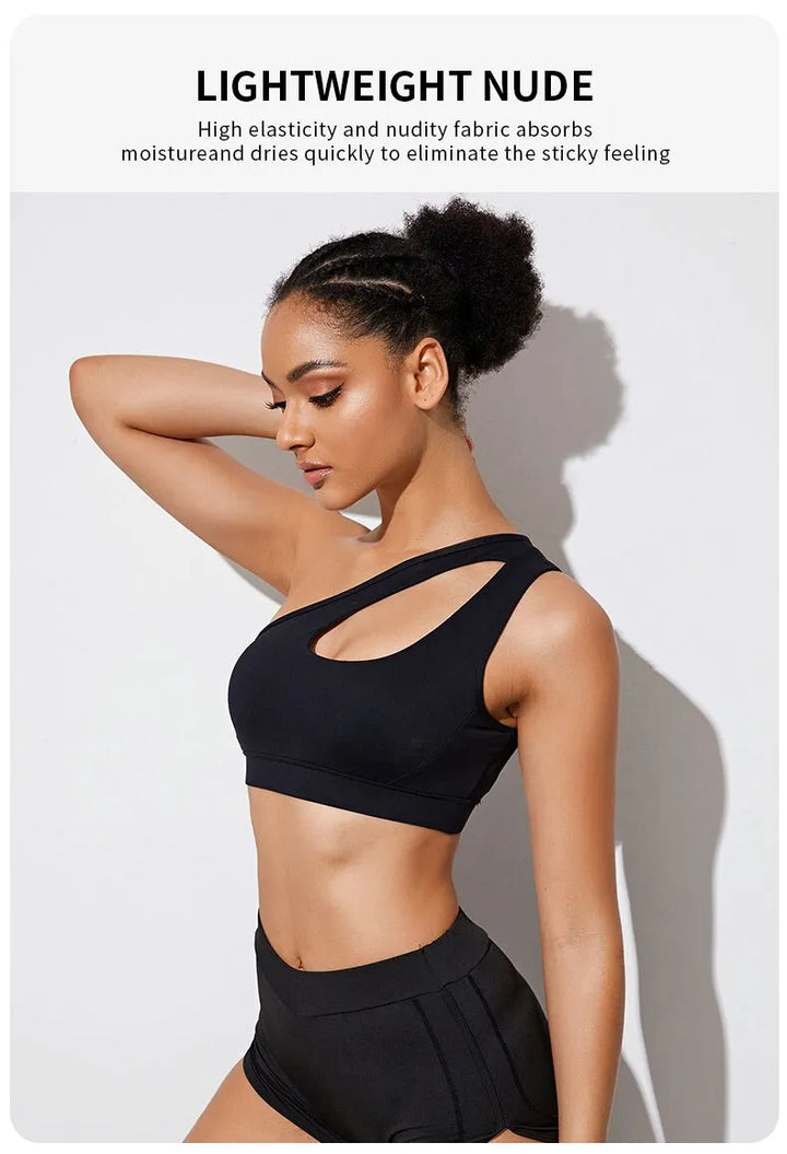 Dames sportieve one-shoulder bh, schokbestendig en comfortabel, geschikt als activewear en lingerie.