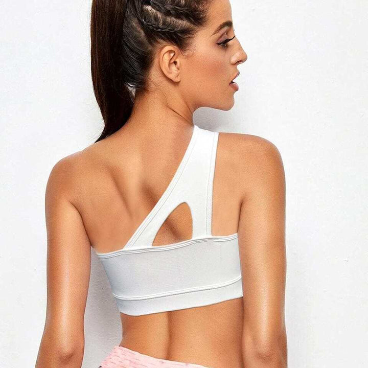 Moderne one-shoulder sportbh voor dames, schokbestendig en stijlvol, geschikt voor fitness.
