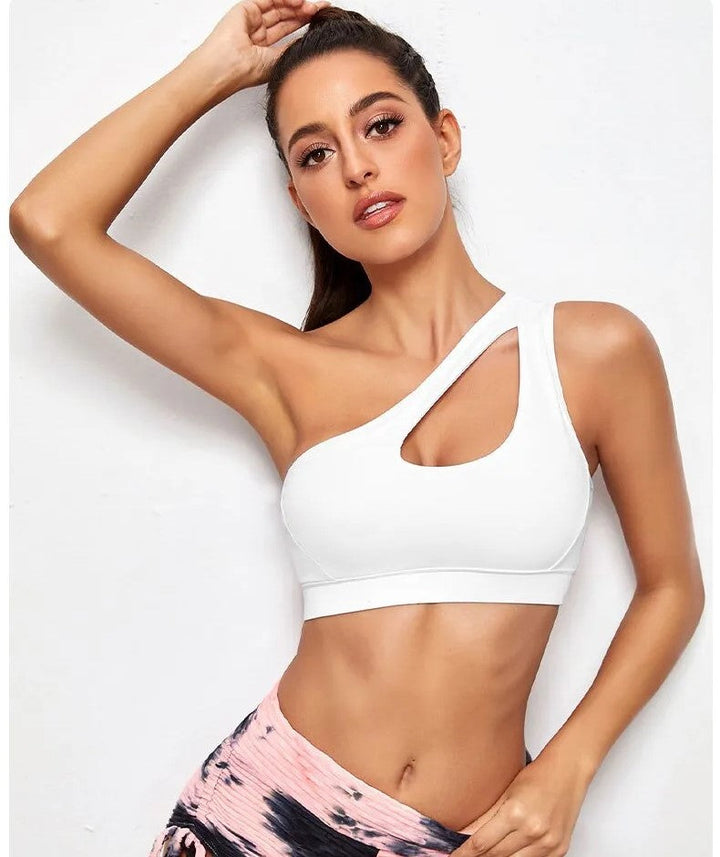 Dames one-shoulder yoga sportbh, schokbestendig en stijlvol, ideaal voor fitness en activewear.