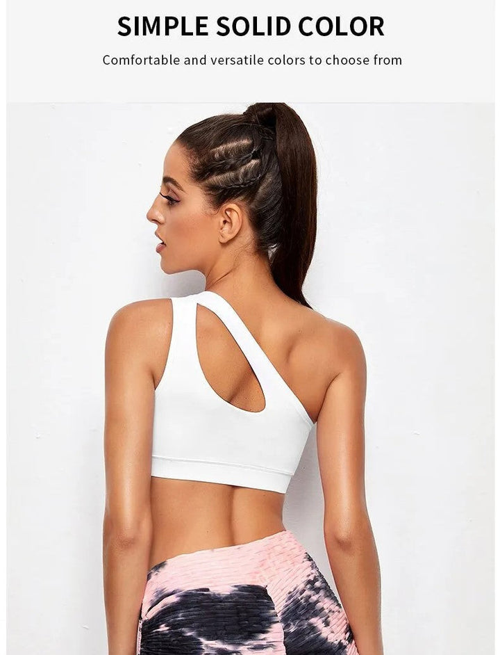 Luxe one-shoulder yoga bh voor dames, schokbestendig en comfortabel, deel van sportkleding collectie.