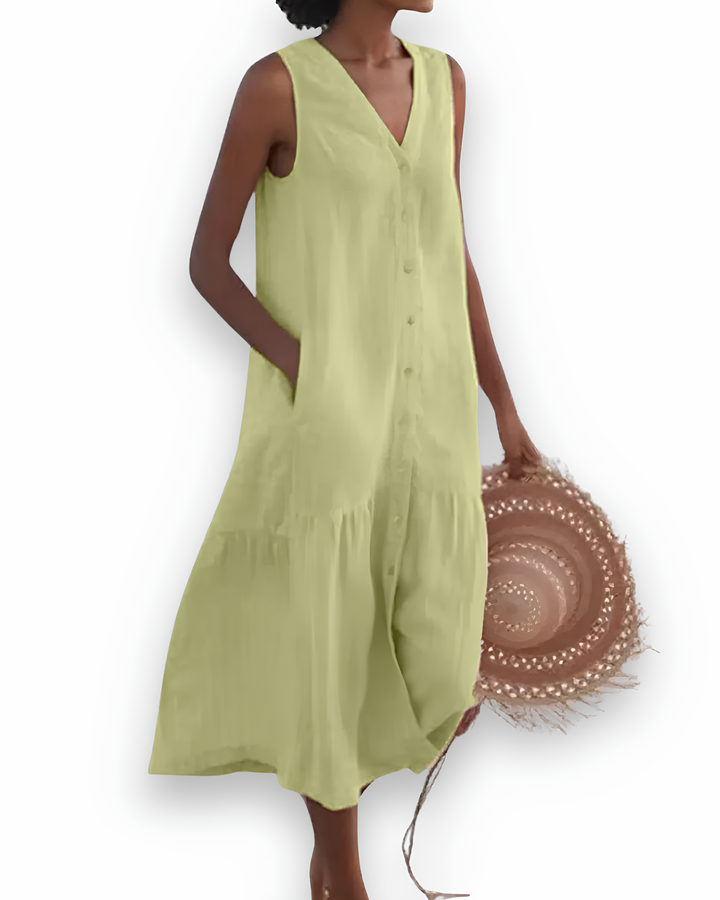 Stijlvolle dames midi zomerjurk, luchtig en comfortabel voor een zorgeloze zomer.