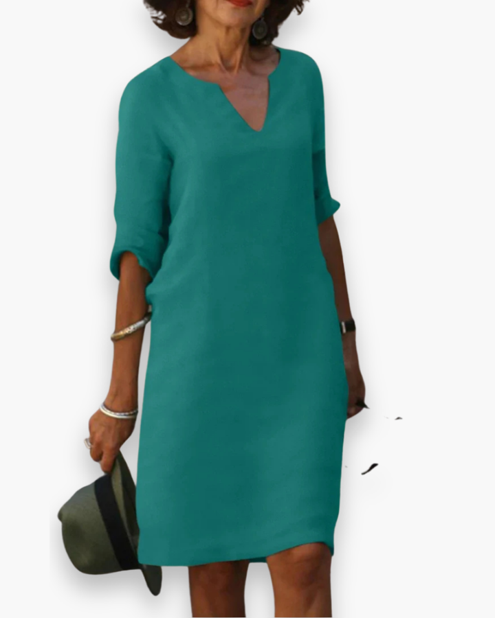 Dames casual zomerjurk met V-hals en halflange mouwen, elegant en comfortabel voor dagelijks gebruik.
