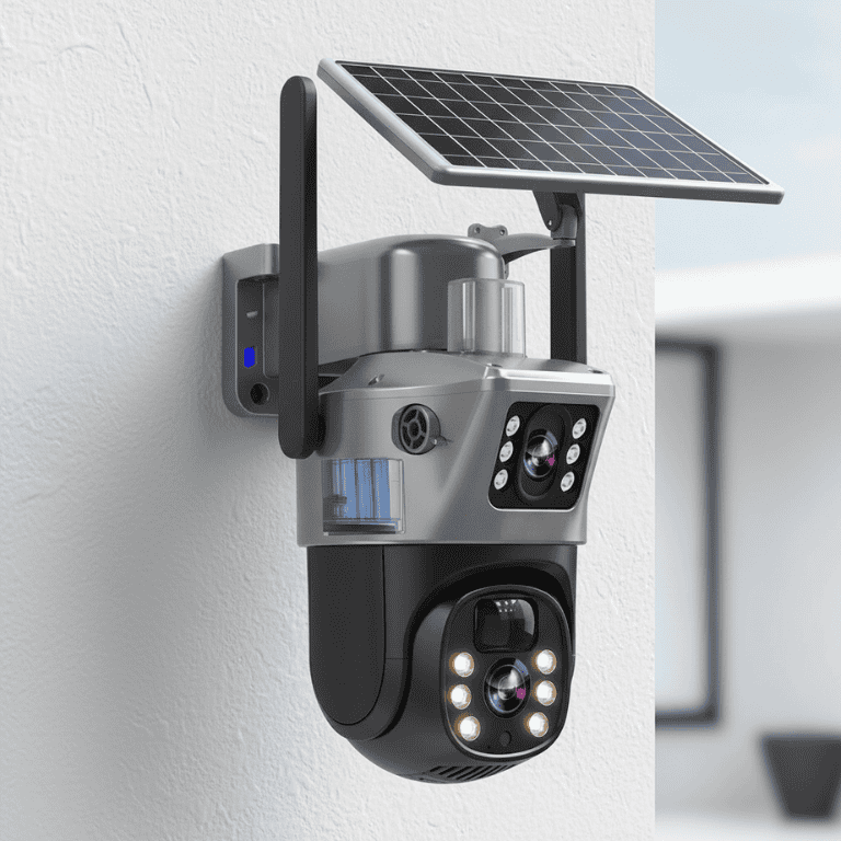 Draadloze 4K beveiligingscamera met zonnepaneel en 360° zicht voor autonome bewaking.