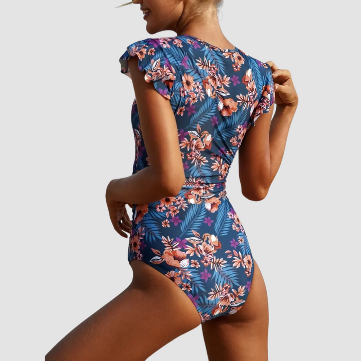 Ondersteunend camouflage bandeau zwempak met rits voor dames, perfect voor actieve zomerdagen.