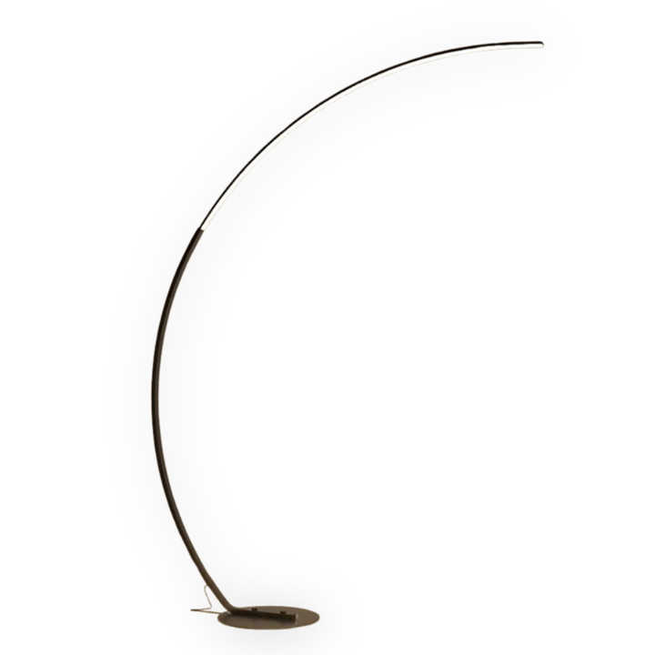 Moderne LED booglamp, slank design, als elegante vloerverlichting voor woonkamer en slaapkamer.