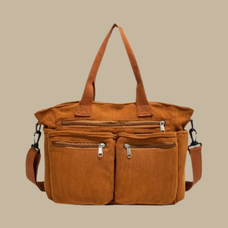Bruine corduroy dames schoudertas, zowel trendy als functioneel voor dagelijks gebruik.