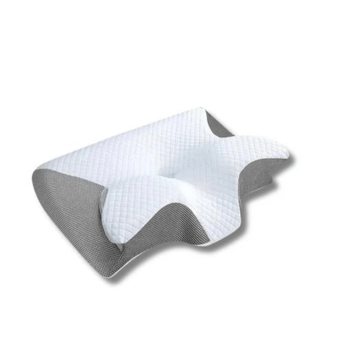 Zwart/grijs ergonomisch neksteunkussen van geheugenfoam voor optimaal slaapcomfort en effectieve pijnverlichting.