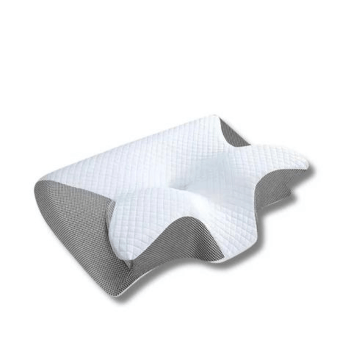 Zwart/grijs ergonomisch neksteunkussen van geheugenfoam voor optimaal slaapcomfort en effectieve pijnverlichting.