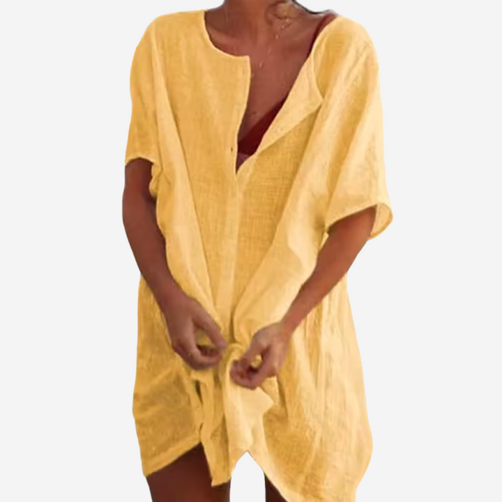 Luchtige dames strandtuniek van linnenblend, comfortabel en losvallend, ideaal als mini zomerjurk en stijlvolle coverup.