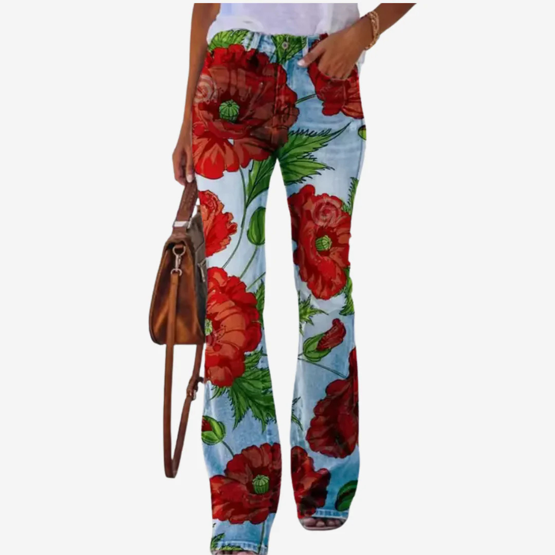 Dames flare spijkerbroek met modieuze print. Comfortabel, trendy wijde pijp jeans voor elke gelegenheid.