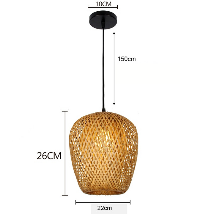 Rustgevende bamboe hanglamp voor een serene slaapkamer sfeer, natuurlijke verlichting.