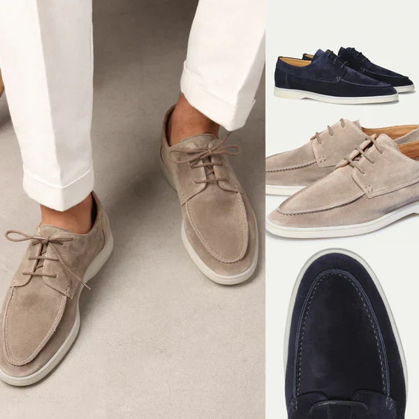 Elegante Diederik loafers voor heren: beige leren veterschoenen met een focus op comfort en stijl.