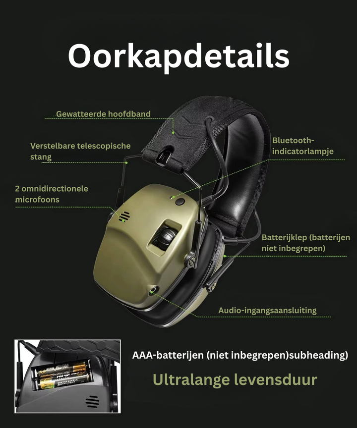 Gehoorbescherming met geluidsversterking en Bluetooth, professioneel voor schieten en jagen in elke outdoor omgeving.
