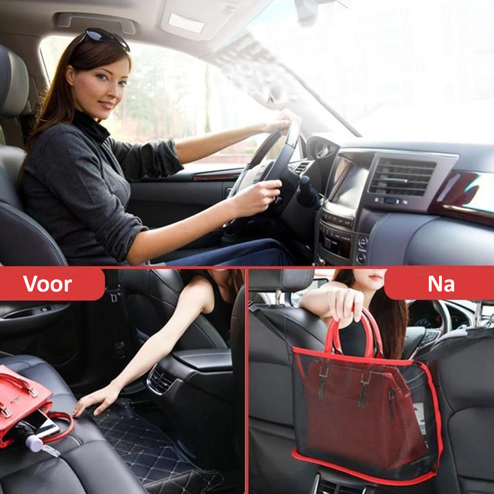 Praktische auto organizer voor tassen; creëert opbergruimte en voorkomt verschuiven onderweg.